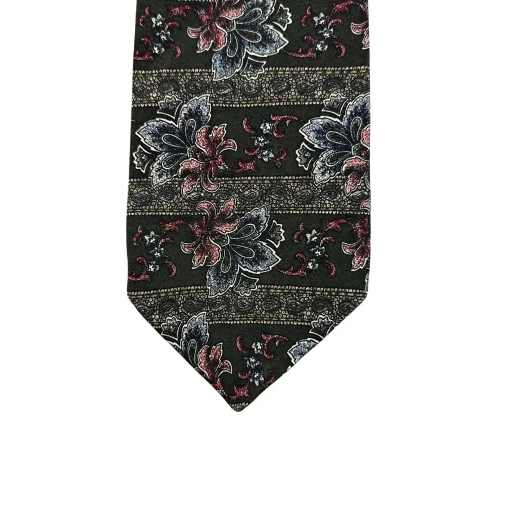 JS Blank & Co Mens Silk Tie Green Burgundy Floral Paisley Pattern Vintage 4 inch